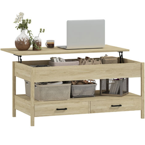 Table basse relevable 2 tiroirs étagère grand compartiment rangement dim. 100 x 50 x 62 cm effet bois clair (1/5)