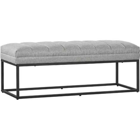 Banc bout de lit épais coussin matelassé grand confort acier noir tissu toucher lin gris clair (1/5)