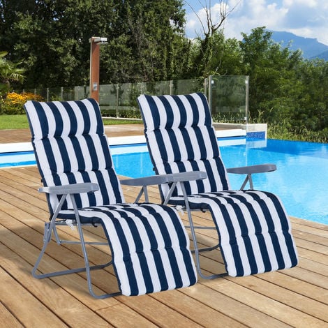 Lot de 2 chaise longue bain de soleil adjustable pliable transat lit de jardin en acier bleu + blanc