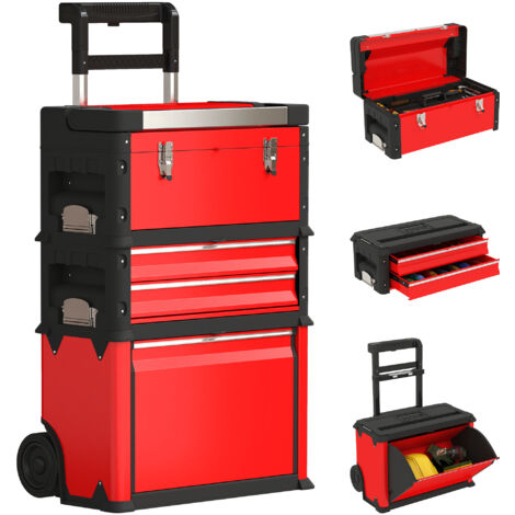 Homcom – Servante d'atelier 3 en 1 – 2 boîtes à outils compactes – Acier PP rouge noir – Dimensions 52L x 32l x 72H cm – Charge max 45 kg (1/5)