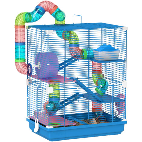 Pawhut – Cage pour hamster rongeur multi-niveaux 4 étages – 46L x 30I x 58H cm – Accès facile avec 2 portes – Matériaux métal et plastique – Couleur bleu