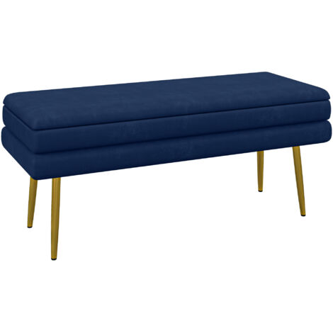 Homcom – Banquette coffre de rangement 2 en 1 – Piètement en acier doré – Assise en velours bleu marine – Dimensions 100L x 37,5P x 42H cm