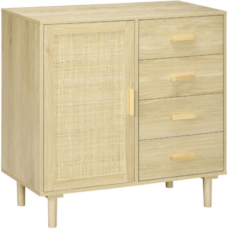 Homcom – Buffet rotin avec portes en cannage et 4 tiroirs – Dimensions 80 x 38 x 80,5 cm – Panneau de particules et bois de pin – Effet bois naturel