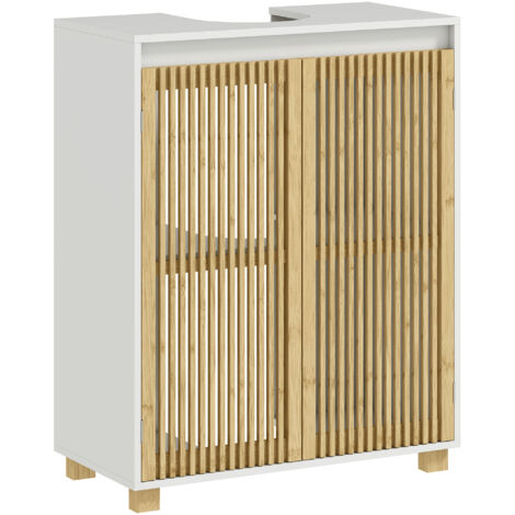 Homcom – Meuble bas de salle de bain avec découpe en U – 60 x 30 x 75 cm – MDF et bambou – Portes à claire-voie pour ventilation (1/5)