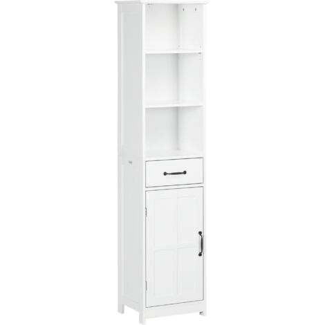 Kleankin – Colonne de salle de bain 40 x 30 x 164 cm – 3 niches, tiroir, étagère – MDF blanc – Charge max. 20 kg – Montage nécessaire (1/5)