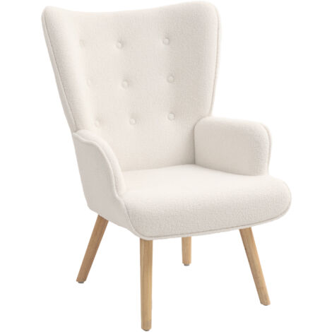 Homcom – Fauteuil relax beige en tissu bouclette – Dossier incurvé et accoudoirs ergonomiques – Pieds en bois d'hévéa – 71 x 74 x 96 cm