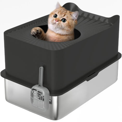 Pawhut – Bac à litière pour chat semi-fermé en acier inoxydable 65L – Dimensions 60 x 40 x 38 cm – Pelle incluse – Antidérapant