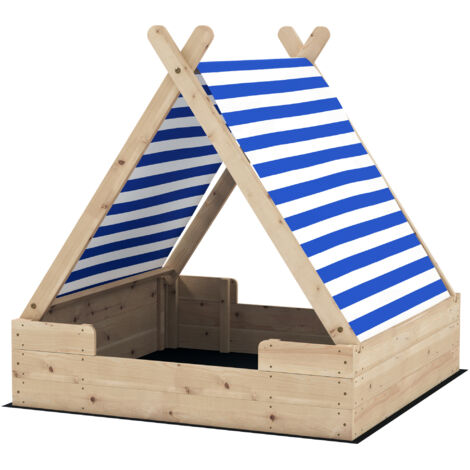 Bac à sable en bois avec toit refermable et doublure dim. 120 x 120 x 126,5 cm bois sapin