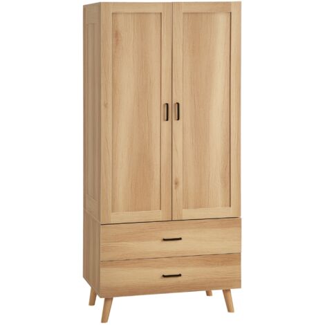 Homcom – Armoire de rangement scandinave 2 portes avec penderie – 2 tiroirs – Panneaux de particules et bois de pin – 80L x 54l x 180H cm
