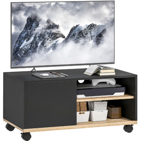 Homcom – Meuble TV sur roulettes – 2 niches + placard porte – 80x45x39cm – Bois mélaminé noir et chêne clair – Charge max 40kg (1/5)
