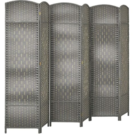 Homcom – Paravent intérieur pliable 6 panneaux en bois – Séparateur de pièce style bohème tissé gris – Matériau : bois de pin et polypropylène