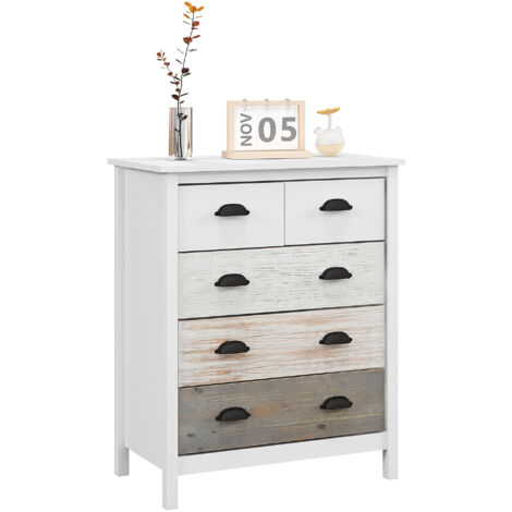 Homcom – Commode 5 tiroirs blanche en MDF et bois de pin – Dimensions 70 x 38 x 85 cm – Parfaite pour salon, chambre ou couloir (1/5)