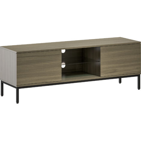 Meuble TV banc TV 2 portes étagère verre 140x40x49cm piètement acier noir effet bois gris (1/5)