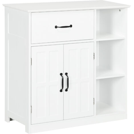 Kleankin – Meuble de rangement salle de bain blanc – 80x34x81cm – MDF avec tiroir et étagère réglable – Niches ouvertes pour rangement pratique