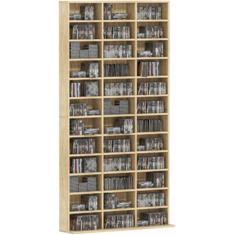 Rangements pour CD et DVD - HOMCOM - 1116 CD/528 DVD - 36 compartiments et étagères réglables - MDF - 102x23,5x195cm - chêne
