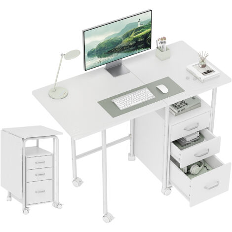 Homcom – Bureau d'ordinateur pliable sur roulettes – 3 tiroirs – MDF et acier – 105x51x75,5cm – blanc – Pour petits espaces et rangement optimisé (1/5)