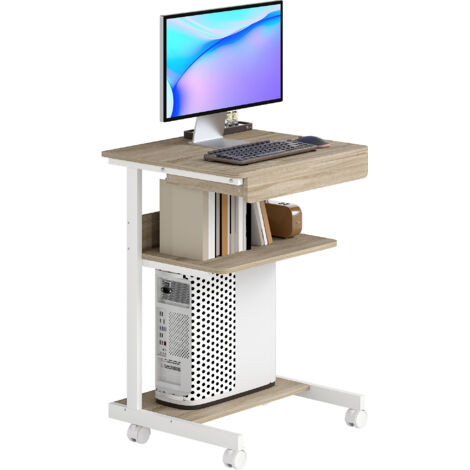 Bureau d'ordinateur sur roues - HOMCOM - 56 x 51 cm - avec tiroir, compartiment et support CPU - pour petits espaces - chêne (1/5)