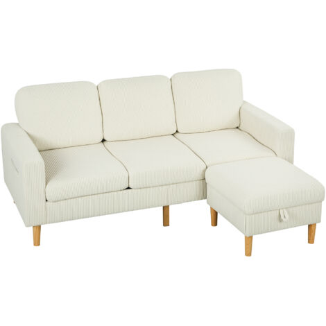 Homcom – Canapé droit 3 places avec repose-pieds – Rembourrage mousse haute densité – Velours côtelé beige – Dimensions 192x138x85cm