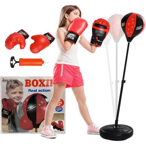 Punching ball enfant - sac de frappe enfant - hauteur réglable - base lestage, pompe, 2 gants inclus - rouge noir