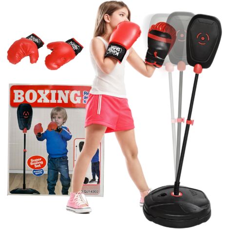 Punching ball enfant - sac de frappe enfant - hauteur réglable - base lestage, 2 gants inclus - rouge noir