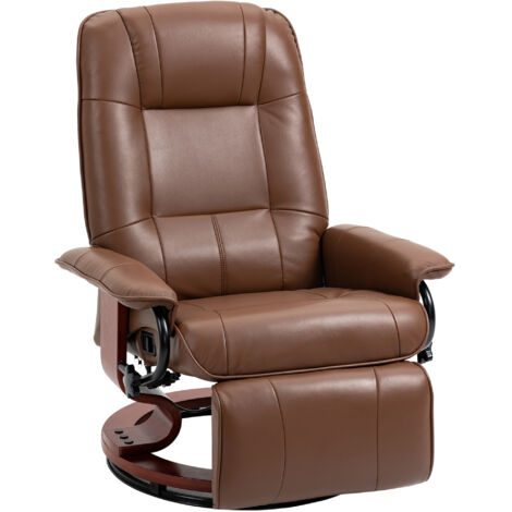 Homcom – Fauteuil relax inclinable pivotant avec repose-pied réglable – Piètement bois massif – Revêtement synthétique marron – Confort optimal