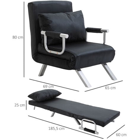 Fauteuil chauffeuse canapé-lit convertible 1 place déhoussable grand confort coussin pieds accoudoirs métal suède noir