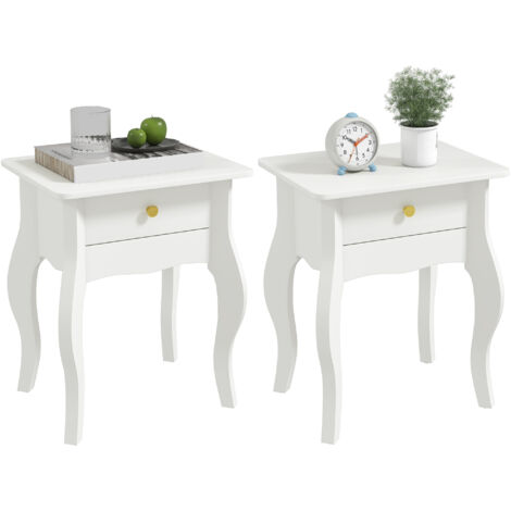 Homcom – Lot de 2 tables d'appoint avec tiroir et plateau spacieux – Pieds courbés – MDF blanc – Dimensions 45 x 35 x 55 cm – Pour salon ou chambre
