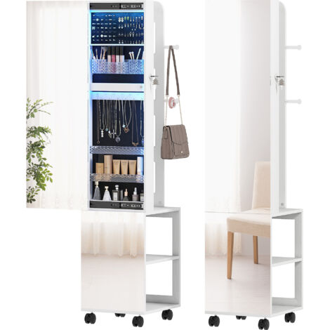 Armoire à bijoux - HOMCOM - avec miroir - pivotante à 360° - verrouillable - éclairage LED - cadre blanc, doublure noire (1/5)
