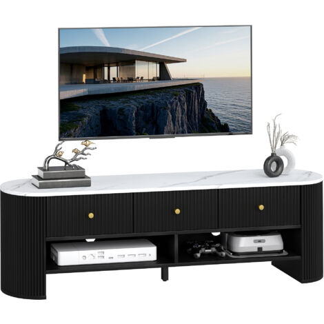 Meuble TV - HOMCOM - 140 cm - pour téléviseur 32-65 pouces - effet marbre - avec 3 tiroirs façades à cannelures - 2 étagères - noir (1/5)