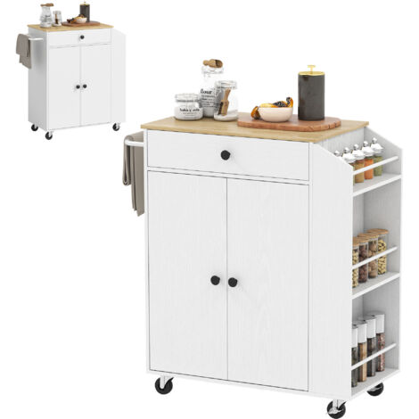 Îlot De Cuisine Mobile HOMCOM – Avec Tiroir, Placard, étagères à épices, Roues, Blanc Et Chêne