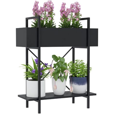 Support plantes - Outsunny - 2 niveaux - avec trous de drainage, plateau supérieur - pour intérieur extérieur - en métal - noir (1/5)