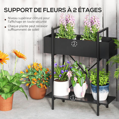 Outsunny Support à Plantes 4 Niveaux En Métal Noir - Étagère Robuste Pour Intérieur Et Extérieur, Jardin, Balcon, Terrasse Et Salon