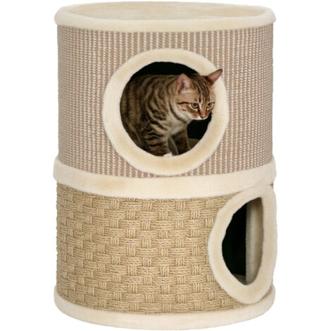 Tonneau pour chat - PawHut - 2 niveaux - avec griffoirs - recouvert de peluche - 35,5 x 35,5 x 49 cm - kaki et café
