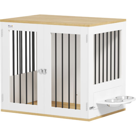 Cage pour chiens - PawHut - avec gamelles amovibles et rotatives à 360° 2 portes - pour chien taille moyenne - 80x55x71,5cm - blanc