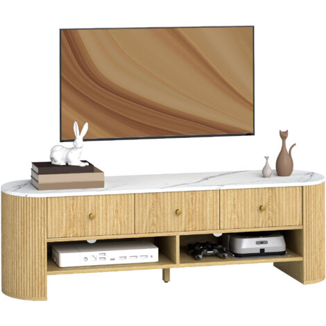 Meuble TV - HOMCOM - 140 cm - téléviseur 32-65 pouces - effet marbre - avec 3 tiroirs façades à cannelures - effet bois naturel (1/5)