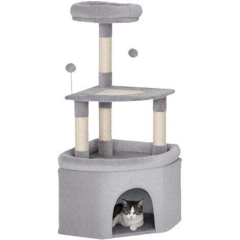 Arbre à chat - PawHut - avec griffoirs en sisal, plate-forme, niche, lit, balles - tissu peluche - multi-niveaux - gris clair (1/5)