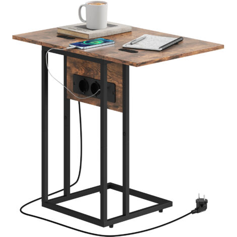 Homcom – Table d'appoint pliable avec station de charge – Cadre métal noir – Plateau brun rustique – 39 x 29 x 57 cm – Pour espaces restreints (1/5)