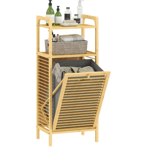 Meuble de rangement à linge - HOMCOM - avec étagère, panier à linge basculant, porte à lattes - bambou - effet bois naturel (1/5)