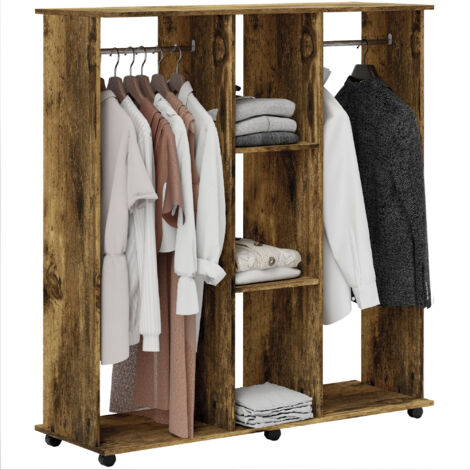 Homcom – Armoire penderie mobile 6 roulettes – 2 barres de penderie – 2 tablettes – bois panneaux de particule – 120 x 40 x 128 cm – marron