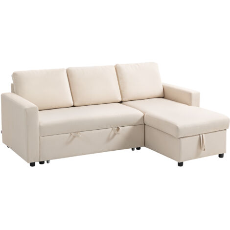 Homcom – Canapé d'angle convertible 3 places en tissu crème – Méridienne réversible – Coffre de rangement – 3 coussins de dossier inclus (1/5)