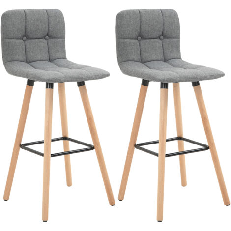 Homcom – Lot de 2 tabourets de bar capitonnés – Dossier et repose-pieds – Pieds en bois d'hévéa – Tissu aspect lin gris – Dimensions 41,5x47x97,5cm (1/5)