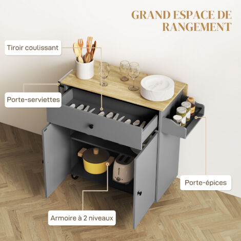 HOMCOM - Desserte De Cuisine Îlot Avec Rallonge, Roulettes, Tiroir Et Placard - Gris/Chêne, 106x42x87 Cm
