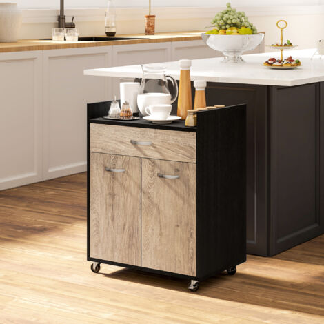 HOMCOM Desserte Cuisine à Roulettes – Plan De Travail Bois Hévéa, Tiroir, 2 Étagères, Porte-Torchon – Gris & Bois