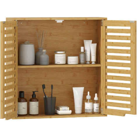 Armoire Murale Salle De Bain HOMCOM En Bambou - 60x20x60 Cm - 2 Portes + étagère Réglable - Rangement WC Ou Lavabo