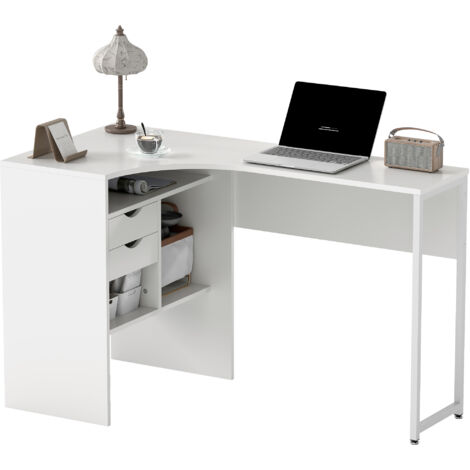 Bureau droit MAE 3 tiroirs avec étagères de rangement blanc et bois