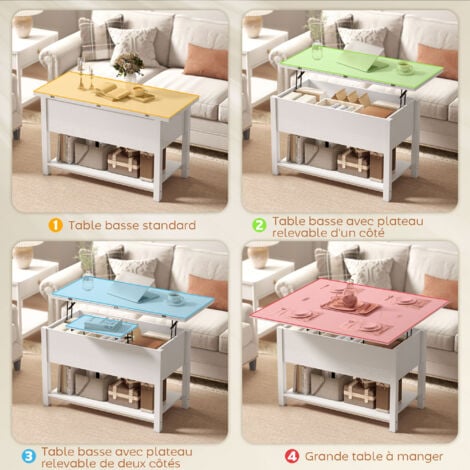 HOMCOM Table Basse Table Basse Relevable Avec Plan De Travail Relevable Espace De Rangement Caché 100x50x45-58,5 Cm Blanc & Naturel