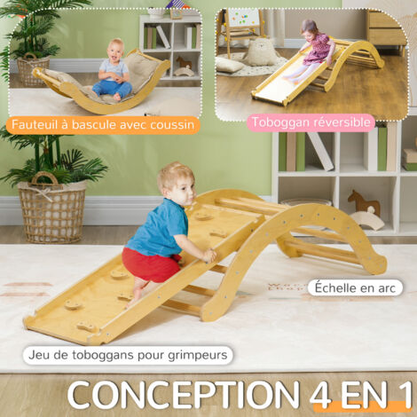 AIYAPLAY Triangle D’escalade 5 En 1 – Arche, Toboggan Réversible, Bascule – Bois De Pin – 18-48 Mois – 50 Kg
