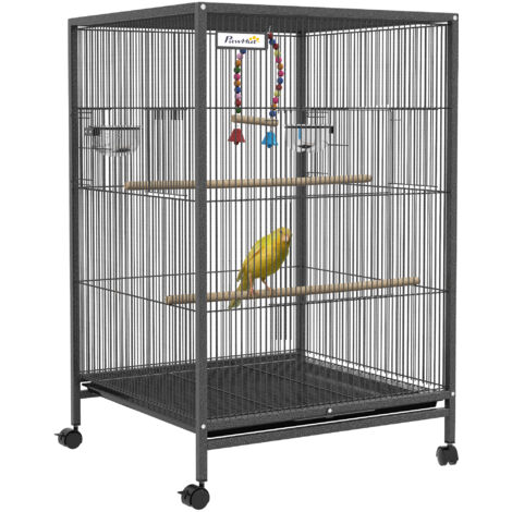 Pawhut – Cage pour oiseau sur pied avec balançoire et perchoirs – Plateau coulissant pour nettoyage facile – Dimensions 48x46x78cm – Sur roulettes