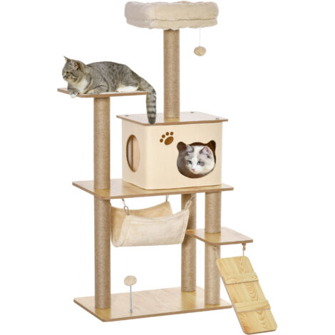 Arbre à chat - PawHut - 130H cm - platesformes, niche, lit, hamac, échelle et 2 balles en peluche, griffoirs en jute - jaune
