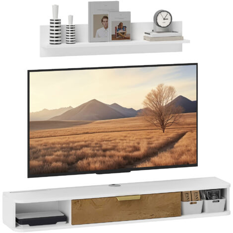 Meuble TV Mural Suspendu 120 Cm Blanc - Pour Téléviseur Jusqu'à 50", Avec Tiroir Rabattable Et étagères